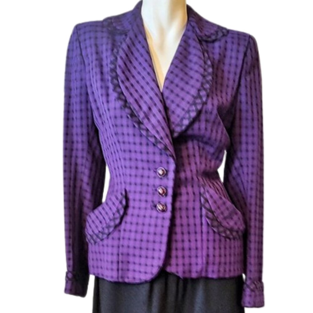 Vintage 1940s Purple & Black Checked Wool Fitted Suit Jacket Body Hugging Style